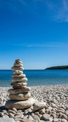 Vertical shot of a stone tower on the beach under blue sky on a sunny day