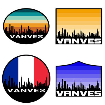 Vanves Skyline Silhouette France Flag Travel Souvenir Sticker Sunset Background Vector Illustration SVG EPS AI