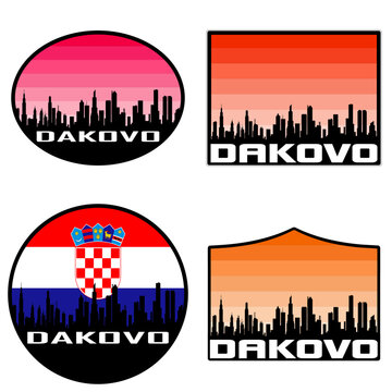 Dakovo Skyline Silhouette Croatia Flag Travel Souvenir Sticker Sunset Background Vector Illustration SVG EPS AI