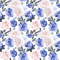 Blue and Beige Roses- Seamless Floral Print - Seamless Watercolor Pattern Flowers - perfect for wrappers, wallpapers, postcards, greeting cards, wedding invitations, romantic events.