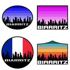 Biarritz Skyline Silhouette France Flag Travel Souvenir Sticker Sunset Background Vector Illustration SVG EPS AI - obrazy, fototapety, plakaty