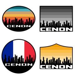 Cenon Skyline Silhouette France Flag Travel Souvenir Sticker Sunset Background Vector Illustration SVG EPS AI