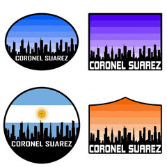 Coronel Suarez Skyline Silhouette Argentina Flag Travel Souvenir Sticker Sunset Background Vector Illustration SVG EPS AI