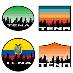 Tena Skyline Silhouette Ecuador Flag Travel Souvenir Sticker Sunset Background Vector Illustration SVG EPS AI