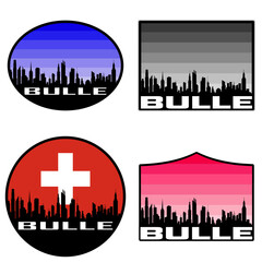 Bulle Skyline Silhouette Switzerland Flag Travel Souvenir Sticker Sunset Background Vector Illustration SVG EPS AI