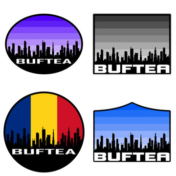 Buftea Skyline Silhouette Romania Flag Travel Souvenir Sticker Sunset Background Vector Illustration SVG EPS AI