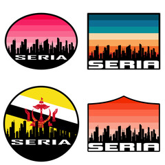 Seria Skyline Silhouette Brunei Flag Travel Souvenir Sticker Sunset Background Vector Illustration SVG EPS AI