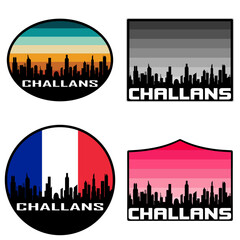 Challans Skyline Silhouette France Flag Travel Souvenir Sticker Sunset Background Vector Illustration SVG EPS AI