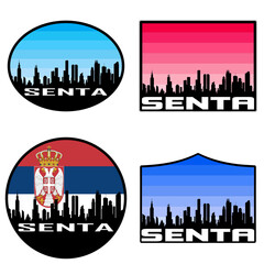 Senta Skyline Silhouette Serbia Flag Travel Souvenir Sticker Sunset Background Vector Illustration SVG EPS AI