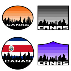 Canas Skyline Silhouette Costa Rica Flag Travel Souvenir Sticker Sunset Background Vector Illustration SVG EPS AI
