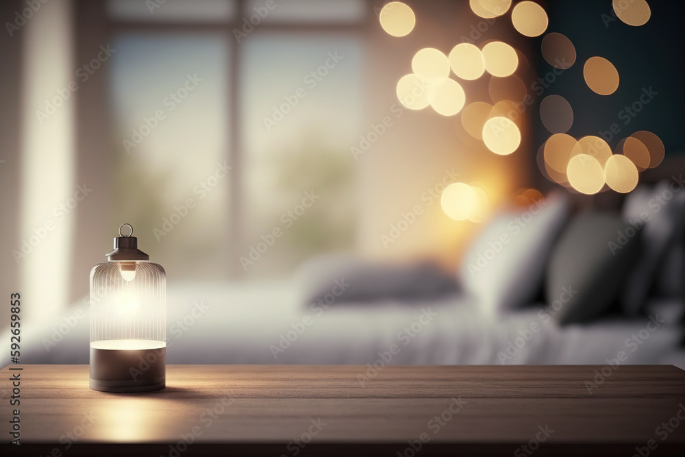 Poster table-top view of beside table or nightstand on blurred cozy night ambiance bedroom with glistening 