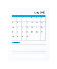 The Vertical of May 2023 Calendar page for 2023 year isolated on white background, Saved clipping path.