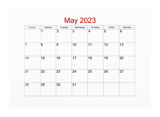The May 2023 Calendar page for 2023 year isolated on white background, Save clipping path.
