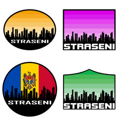 Straseni Skyline Silhouette Moldova Flag Travel Souvenir Sticker Sunset Background Vector Illustration SVG EPS AI