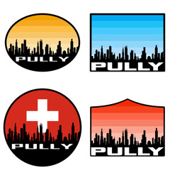 Pully Skyline Silhouette Switzerland Flag Travel Souvenir Sticker Sunset Background Vector Illustration SVG EPS AI