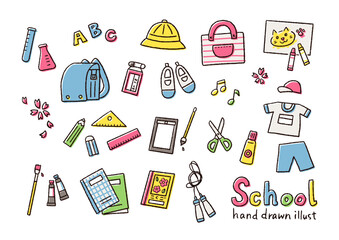 学校生活で使う道具のシンプルな手描きベクター線画イラスト