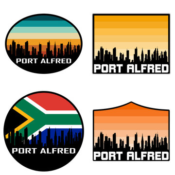 Port Alfred Skyline Silhouette South Africa Flag Travel Souvenir Sticker Sunset Background Vector Illustration SVG EPS AI
