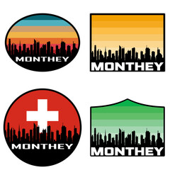 Monthey Skyline Silhouette Switzerland Flag Travel Souvenir Sticker Sunset Background Vector Illustration SVG EPS AI