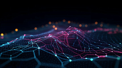 Cyber big data flow. Blockchain data fields. Network line connect stream. Concept of AI technology, digital communication, science research, 3D illustration neural cells