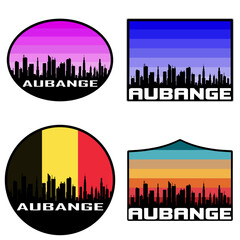 Aubange Skyline Silhouette Belgium Flag Travel Souvenir Sticker Sunset Background Vector Illustration SVG EPS AI