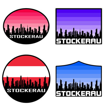 Stockerau Skyline Silhouette Austria Flag Travel Souvenir Sticker Sunset Background Vector Illustration SVG EPS AI
