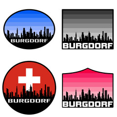 Burgdorf Skyline Silhouette Switzerland Flag Travel Souvenir Sticker Sunset Background Vector Illustration SVG EPS AI