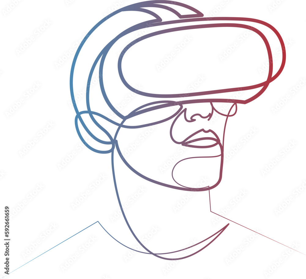 Poster man wearing virtual reality glasses continuous line drawing. one line art of young man is experienci