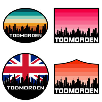 Todmorden Skyline Silhouette Uk Flag Travel Souvenir Sticker Sunset Background Vector Illustration SVG EPS AI