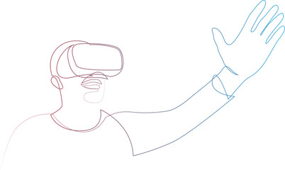 Continuous line drawing man wearing virtual reality glasses device. Young male uses VR glasses to playing game drawn in one line art style. Vector illustration isolated on white background.