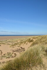 Seaside view with golden sand beaches and landmarks. Taken in Lytham Lancashire England. 