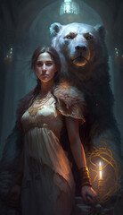 Illustration showing a woman and a bear.