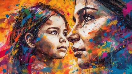 Vibrant and Modern Mother's Day Painting with Mom and Child