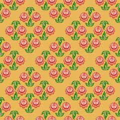 Floral ethnic gorodezky pattern. Red folk flowers on orange background