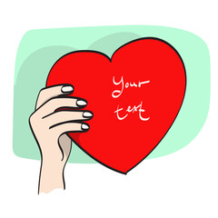 closeup hand holding red heart paper illustration vector hand drawn isolated on white background line art.