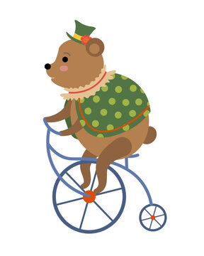A cartoon bear on a bike with a green top and a green top hat. Circus animal illustration 