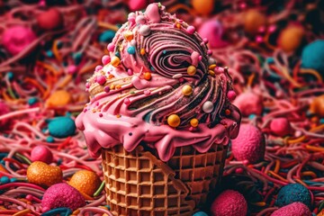 Fototapeta na wymiar Classic scoop of ice cream in a golden-brown waffle cone with a playful sprinkle of colorful candies and sprinkles.