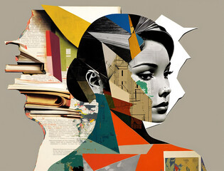 collage art - beautiful young female, in the style of abstracted bodies, multi-colored minimalism, cut/ripped, dissected books, abstraction-creation