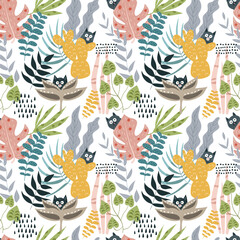 The cats are hiding in the jungle. Vector illustration. Seamless pattern