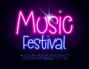 Vector event Banner Music Festival Artistic Neon Font. Glowing Alphabet Letters and Numbers set
