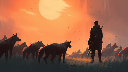 Hunter looking at his hounds on the field, Digital Art Style, Generative AI