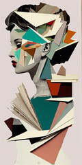 collage art - beautiful young female, in the style of abstracted bodies, multi-colored minimalism, cut/ripped, dissected books, abstraction-creation