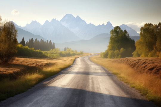 Hazy paved road leading to a mountainous view