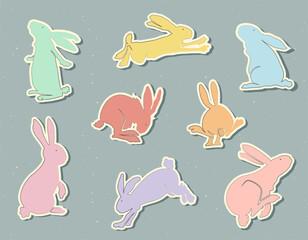 Vector set of bunny stickers. Collection of colorfull happy rabbits. Animal stickers