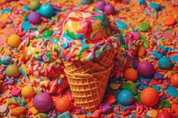 A collection of pastel-colored ice cream scoops with whipped cream and colorful candy toppings, shot from a close-up perspective.