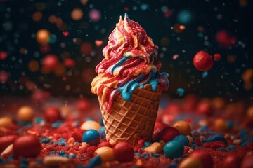Cool, refreshing ice cream with a delightful crunch from the waffle cone and a pop of colorful candies.