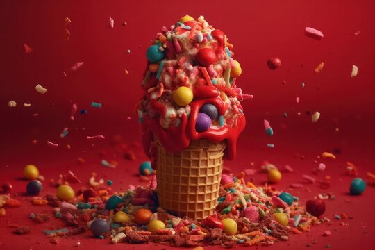 3d render illustration of ice cream with candy and syrups