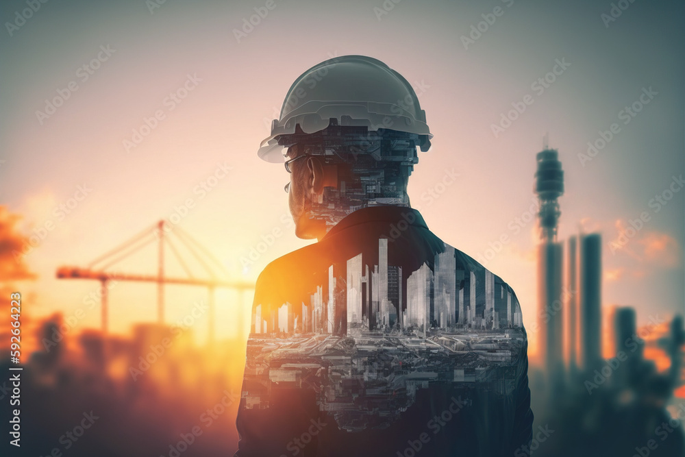 Poster civil engineer portrait as concept for building construct by professional with hardhat helmet engine