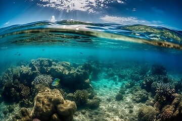 Naklejka na ściany i meble Underwater world with beautiful coral reef, marine background, Generative AI 