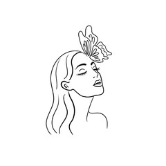 Beautiful face of a young woman with a butterfly. Stock  illustration isolated on white background.Woman logo.