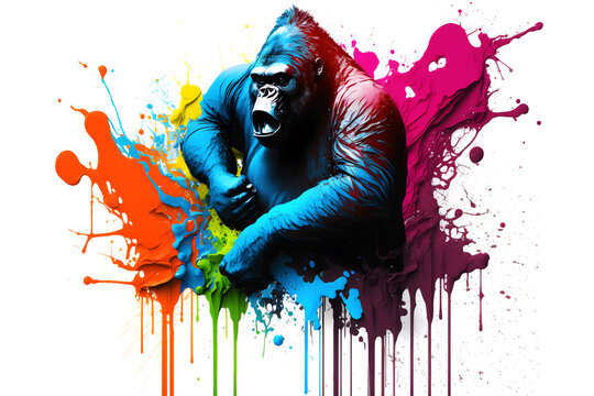 Graffiti with a gorilla on the wall with a splash, color art